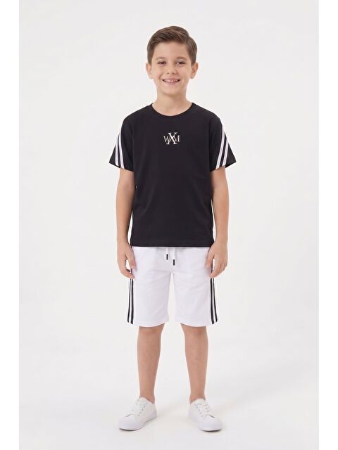 Cansın Mini Ekru Logolu Tişörtlü Şerit Detaylı Şortlu Erkek Çocuk Takım 23813