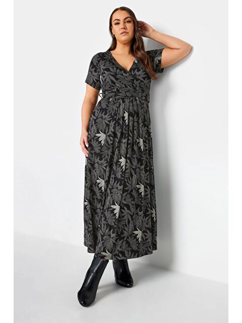 Stil Diva Büyük Beden V Yaka Desenli Kuşaklı Kısa Kol Anvelop Elbise 302694 - S000165540-19351