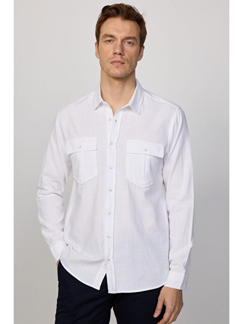 TUDORS Erkek Regular Fit Klasik Kesim %100 Pamuk Keten Doku Çift Cep Beyaz Gömlek
