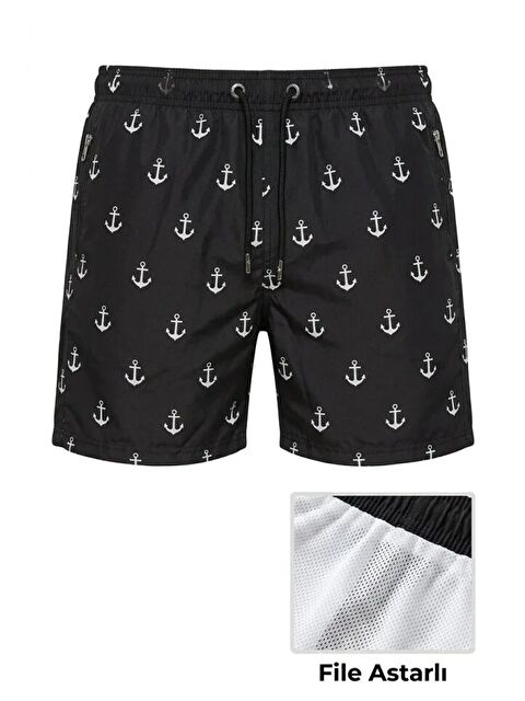 Jane's Erkek Deniz Şortu Fermuarlı Cepli File Astarlı Hızlı Kuruyan Premium - Siyah