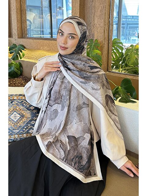 Lamelif Floral Desen Bambu Şal Toprak - S000529582-14742