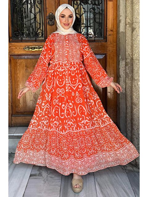 Julude Yarım Düğmeli Astarlı Desenli Şifon Elbise - S000179036-20013