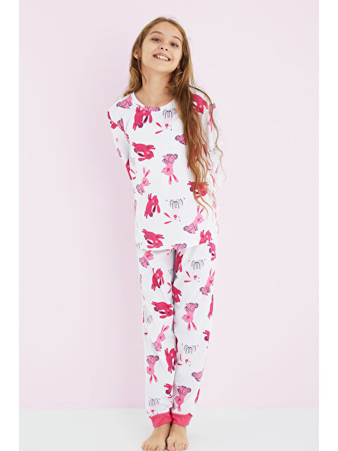 Siyah İnci Kız Çocuk Beyaz Renkli Desenli Pamuklu Pijama Takım 24225706 - S000295986-20063