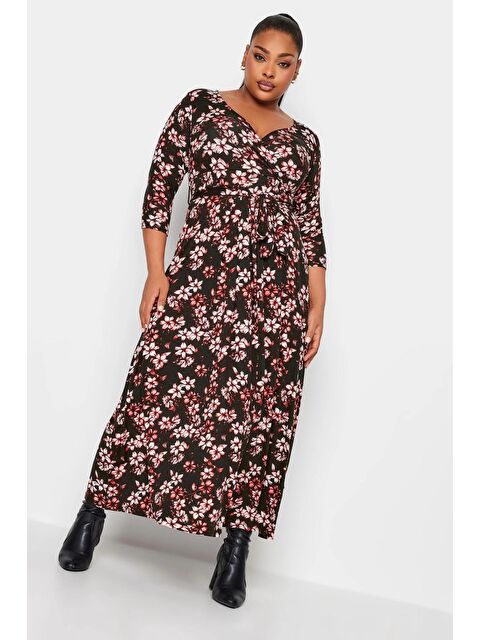 Stil Diva Büyük Beden V Yaka Desenli Kuşaklı Kısa Kol Anvelop Elbise 302638 - S000165542-19351