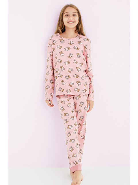 Siyah İnci Kız Çocuk Somon Renkli Desenli Pamuklu Pijama Takım 24225707 - S000295988-24085