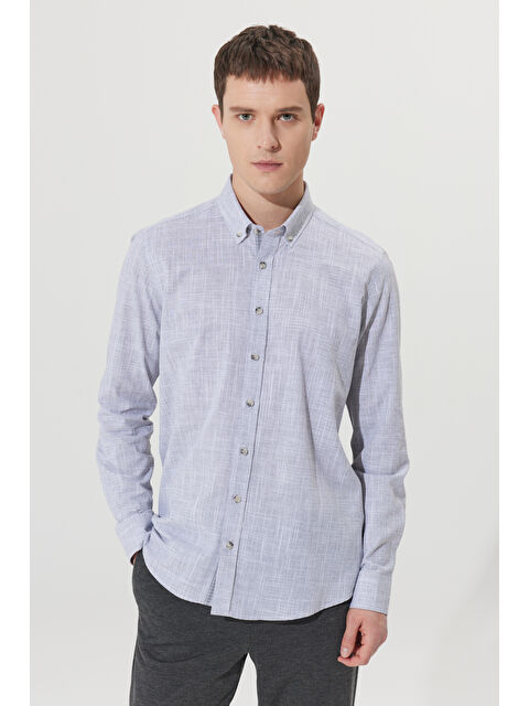 AC&Co / Altınyıldız Classics Erkek Antrasit Slim Fit Dar Kesim Düğmeli Yaka Keten Görünümlü %100 Pamuk Flamlı Gömlek - S000352199-29666