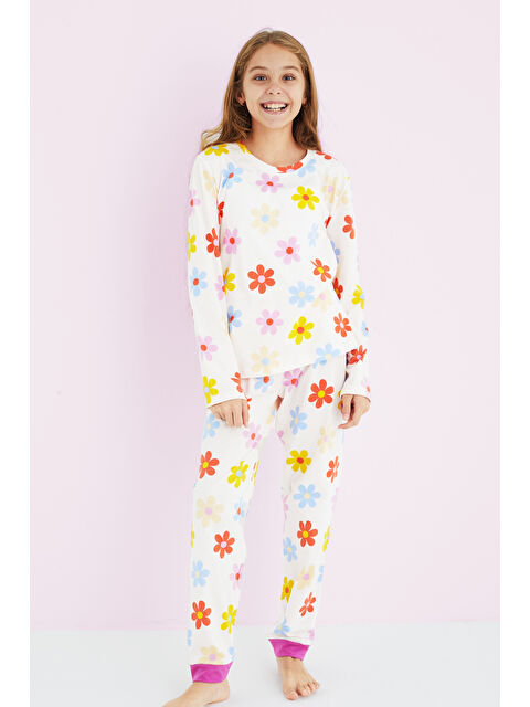 Siyah İnci Kız Çocuk Krem Renkli Çiçek Desenli Pamuklu Pijama Takım 24225701 - S000295990-19966