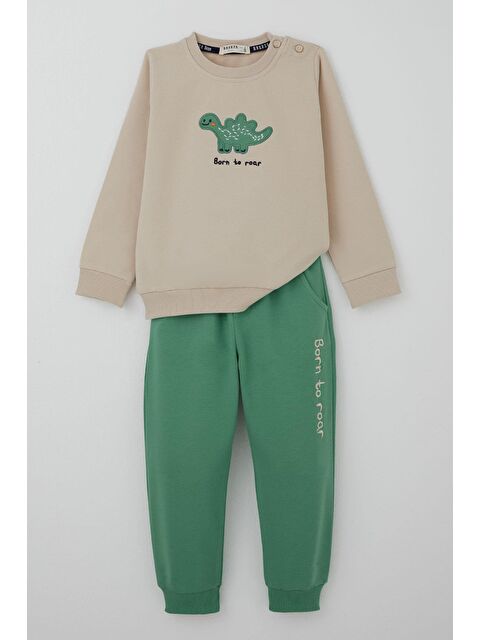 Breeze Erkek Bebek Eşofman Takımı Sevimli Dinozor Nakışlı Bej (9 Ay-3 Yaş) - S000506129-19928