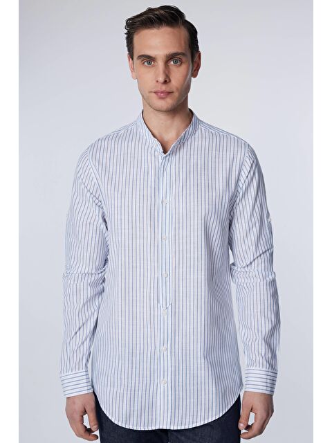 TUDORS Slim Fit Uzun Kollu Dar Kalıp Hakim Yaka Çizgili Yazlık Keten Doku Erkek Gömlek