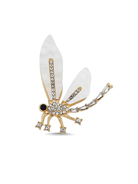 New Obsessions Beyaz Asetatlı Taşlı Yusufçuk Yaka İğnesi Broş - S000339630-20063