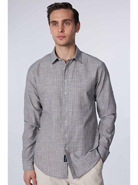 TUDORS Slim Fit Uzun Kollu Dar Kalıp Çizgili  Yazlık Keten Doku Erkek Gömlek