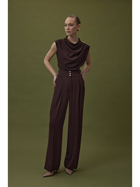 SATEEN Talia Düğme Detaylı Pantolon - Kahve
