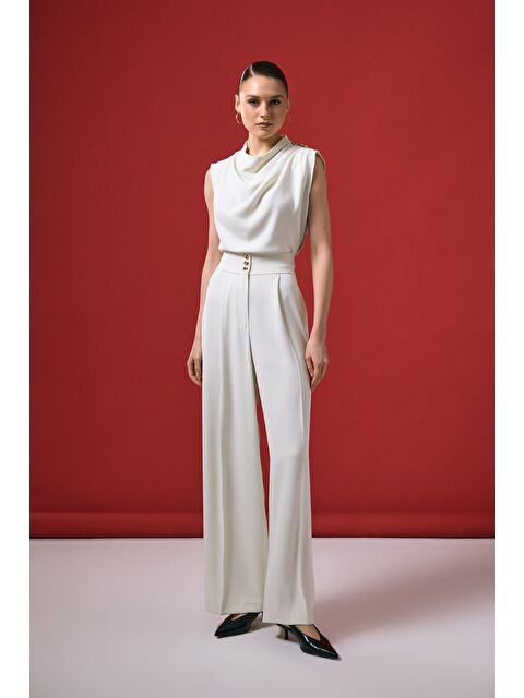 SATEEN Talia Düğme Detaylı Pantolon - Ekru