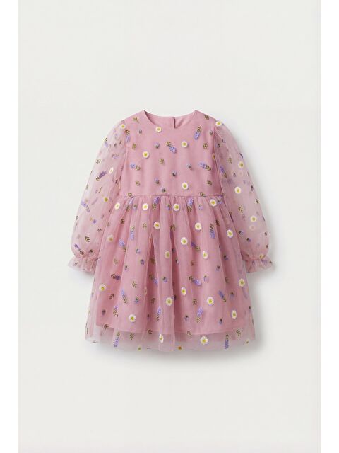 Magu Kız Çocuk Pamuklu Pembe Çiçek Nakışlı Tül Elbise - Uzun Kollu Tasarım - S000527950-20024
