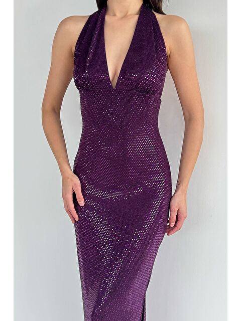 Gülseli Boyun Bağlamalı Sırt Dekolteli Yırtmaç Detaylı Pul Payet Abiye - S000491528-20042