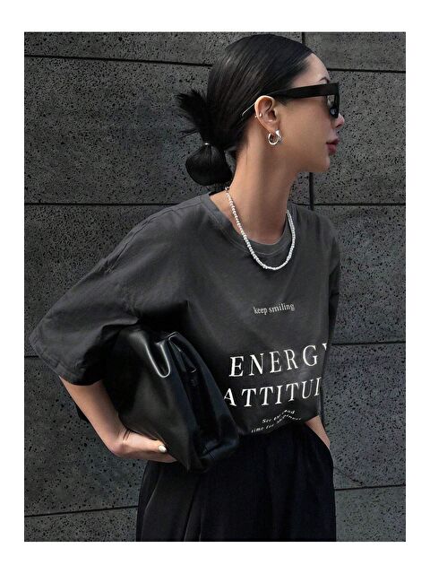 Trendseninle Kadın Füme Energy Attitude Baskılı Oversize Tişört