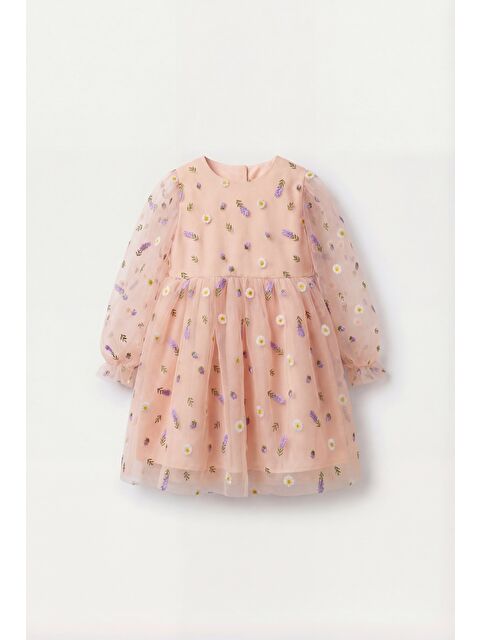 Magu Kız Çocuk Pamuklu Somon Çiçek Nakışlı Tül Elbise - S000527951-24085