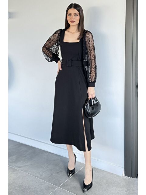 Gülseli Kadın Kare Yaka Kollar Güpürlü Bel Kemerli Abiye Elbise - S000491537-19351