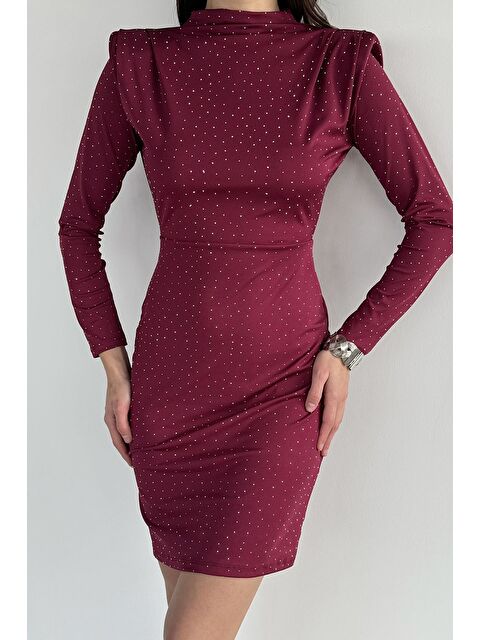 Gülseli Kadın Dik Yaka Omuz Vatkalı Taşlı Elastanlı Abiye Elbise - S000491534-20036