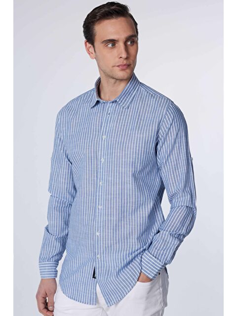 TUDORS Slim Fit Uzun Kollu Dar Kalıp Çizgili  Yazlık Keten Doku Erkek Gömlek