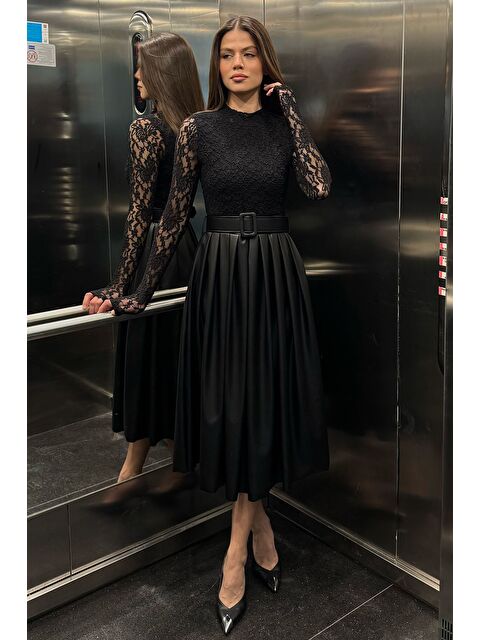 Gülseli Kadın Üst Kısım Güpürlü Kemer Detaylı Abiye Elbise - S000491527-19351