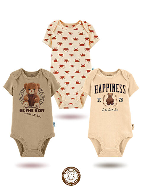 Mahfel 3'Lü %100 Pamuklu Organik Baskılı Kısa Kollu Çıtçıtlı Bebek Body Zıbın 780-839