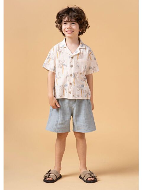 Magu Erkek Çocuk Palmiye Desenli Gömlekli Takım Şortlu Yazlık İkili Set - S000383897-17234