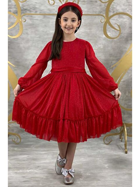 Riccotarz Kız Çocuk Sıfır Yaka Kolları Transparan Eteği Tüllü Simli Kırmızı Abiye - S000324814-20045