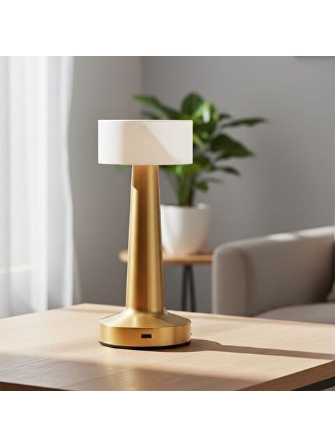 Apliqa Retus Eskitme Dokunmatik 3 Renkli Şarjlı Dekoratif Masa Lambası - Altın - 21 cm