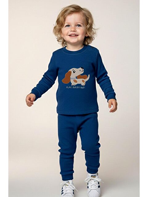 Breeze Erkek Bebek Eşofman Takımı Sevimli Köpekçik Nakışlı İndigo (9 Ay-3 Yaş) - S000506128-23093
