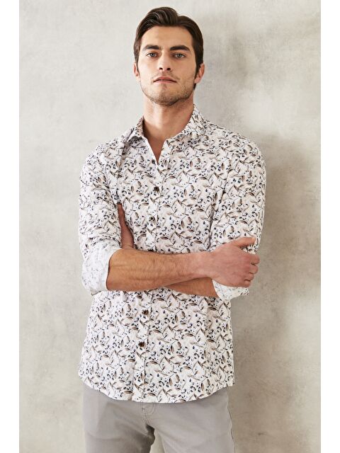 Altınyıldız Classics Erkek Beyaz-Bordo Slim Fit Dar Kesim İtalyan Yaka %100 Pamuk Baskılı Gömlek