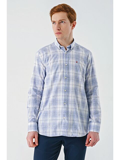 İMZA Koyu Mavi Kısalabilir Kol Cepsiz Pamuklu Keten Comfort Fit %100 Pamuk Gömlek 1004240147 - S000357148-19393