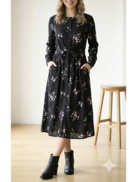 Jane's Kadın Uzun Kollu Hakim Yakalı Düğmeli Kuşaklı Desenli Maxi Mikro Süprem Elbise - S000527953-19351