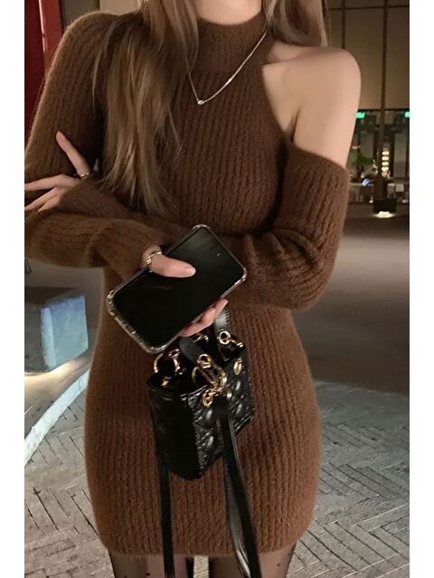 Gülseli Tek Omuz Dekolteli Angora Kumaş Triko Elbise - S000491542-19413