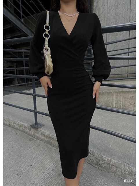 Jane's Kadın Uzun Kollu Kruvaze Yaka Büzgü Ve Balon Kol Detay Krep Kumaş Maxi Boy Simli Elbise - S000527955-19351