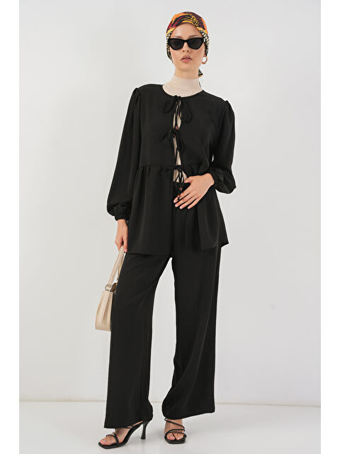 Bigdart Kadın Önü Bağcıklı Tunik Pantolon İkili Takım 6744 - Siyah - S000407441-19351