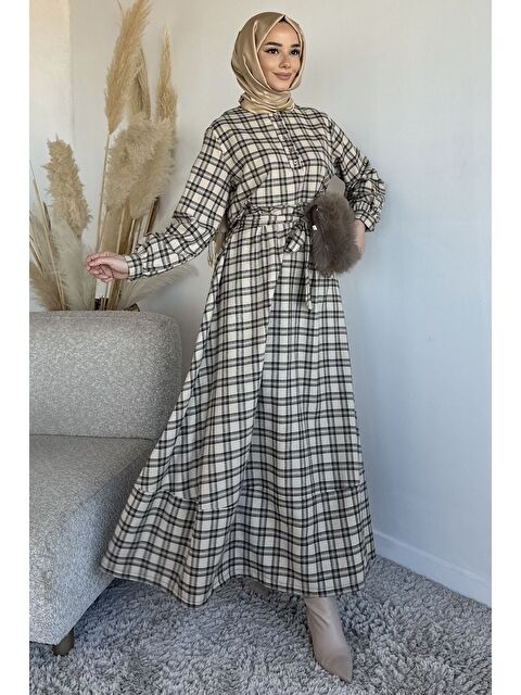 Julude Ön Yarım Düğmeli Bel Kuşaklı Ekose Desenli Tesettür Elbise - S000491545-19928