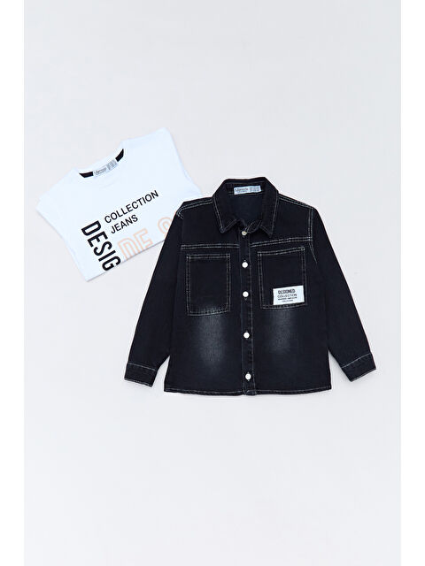 Fullamoda %100 Pamuk Yazı Baskılı Düğmeli 2 Li Erkek Çocuk Takım - S000381068-29666