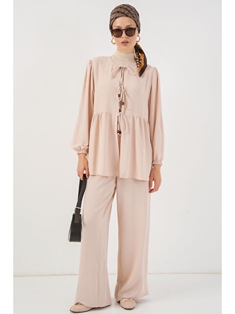 Bigdart Kadın Önü Bağcıklı Tunik Pantolon İkili Takım 6744 - Krem - S000407441-19966