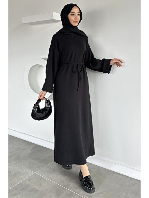 Julude Tesettür Bel Bağcıklı Kol Katlamalı Selanik Kumaş Elbise - S000491549-19351