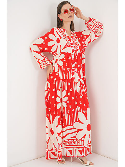Bigdart Kadın Desenli Uzun Tesettür Elbise 2585 - N. Kırmızı - S000407394-37327