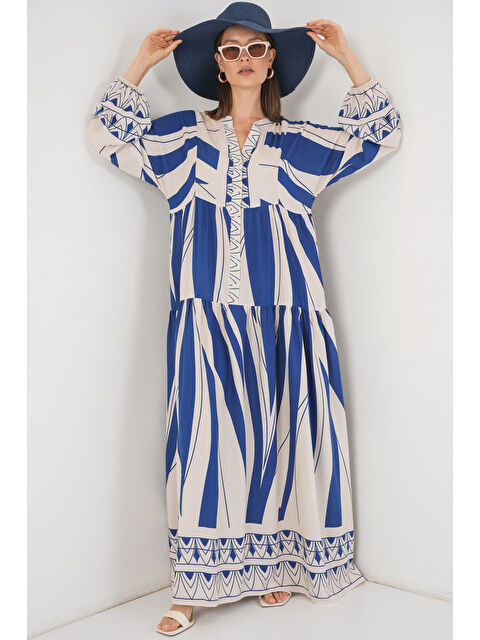 Bigdart Kadın Desenli Uzun Tesettür Elbise 2585 - C. İndigo - S000407394-13294