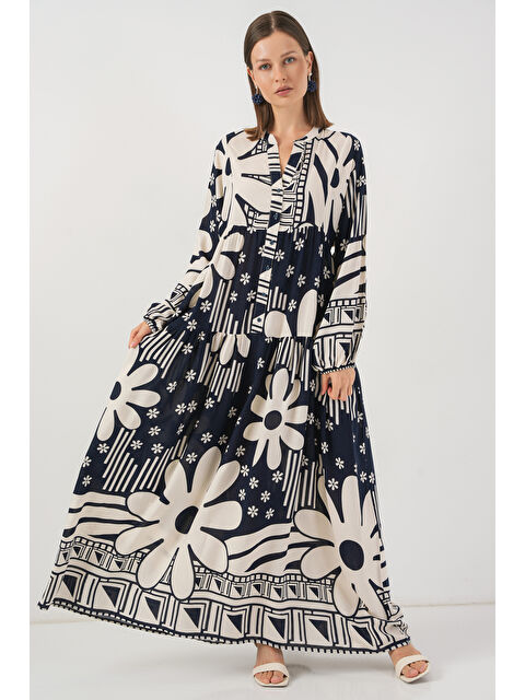 Bigdart Kadın Desenli Uzun Tesettür Elbise 2585 - L. Lacivert - S000407394-1289