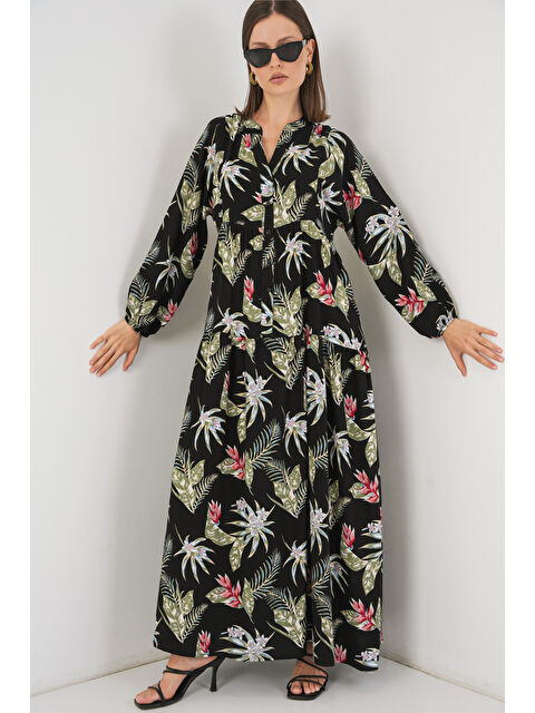 Bigdart Kadın Desenli Uzun Tesettür Elbise 2585 - K. Siyah - S000407394-4273