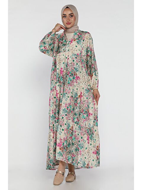 Julude Çiçek Desenli Ön Düğmeli Mevsimlik Tesettür Elbise - S000491551-25636