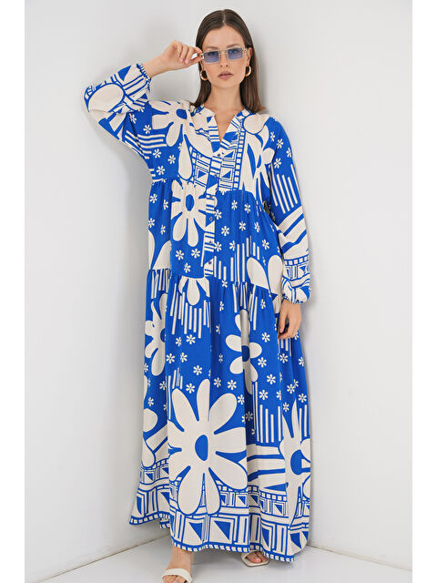 Bigdart Kadın Desenli Uzun Tesettür Elbise 2585 - Mavi - S000407394-17234