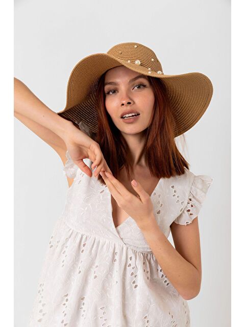 Luminos Butik Camel Incili Geniş Hasır Şapka Kutulu Gönderim Hsr2069