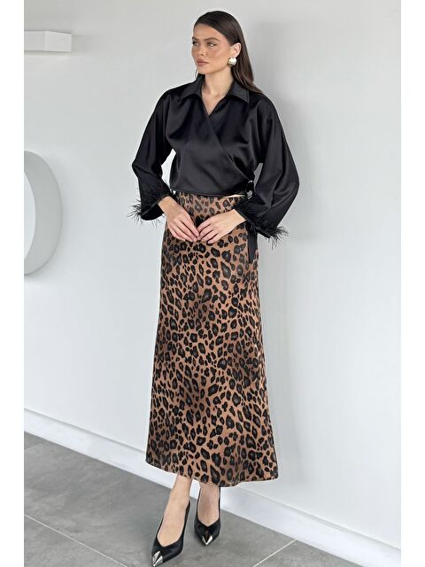 Gülseli Kadın Leopar Desenli Saten Etek - S000491552-19933