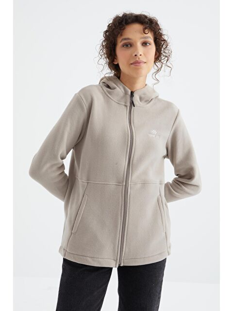 Tommylife Koyu Bej Kapüşonlu Fermuarlı Rahat Form Kadın Polar Sweatshirt - 97233