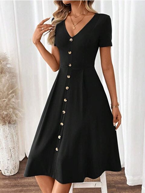 Jane's Kadın Kısa Kollu V Yakalı önden Düğmeli A Kesim Dokuma Elbise - S000527961-19351